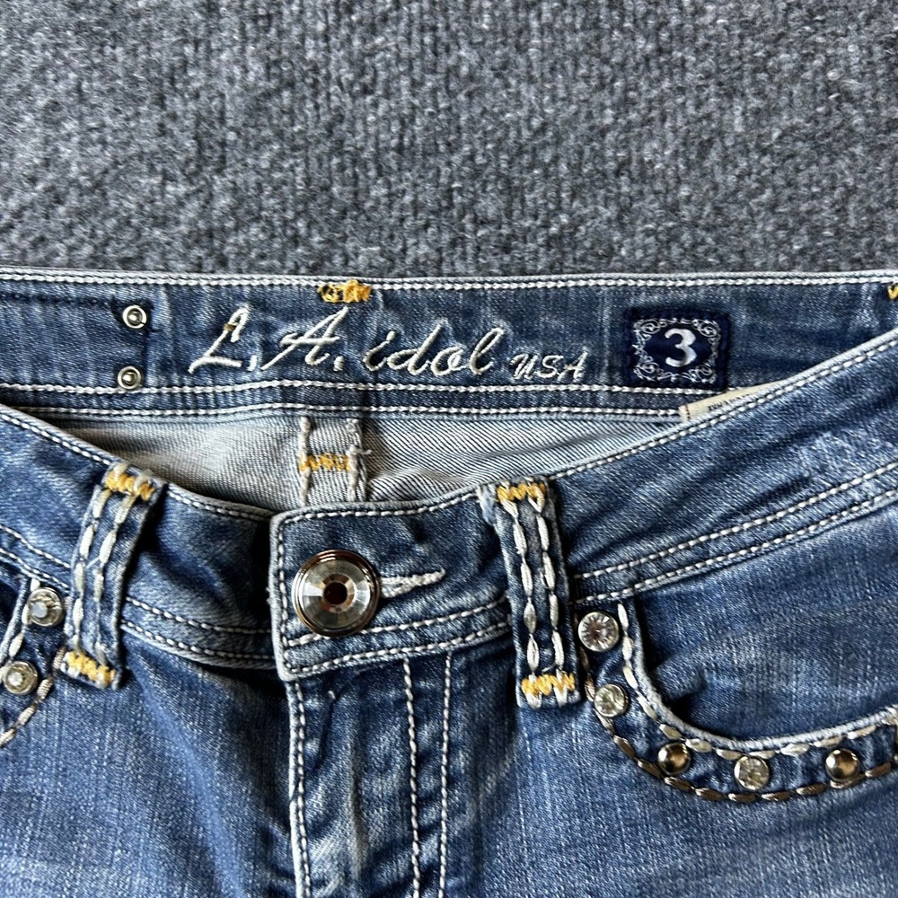 L.A. Idol Jeans Womens Size 3 Blue Rhinestone Embellished Slim Fit Distressed - Picture 2 of 10